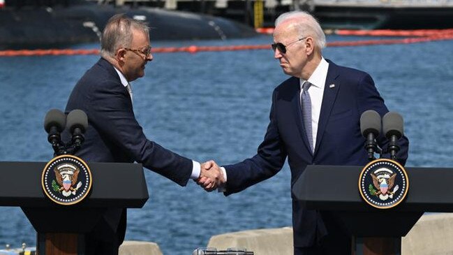 Joe Biden and Anthony Albanese shake hands as the announce the AUKUS pact. Picture: Getty Images.