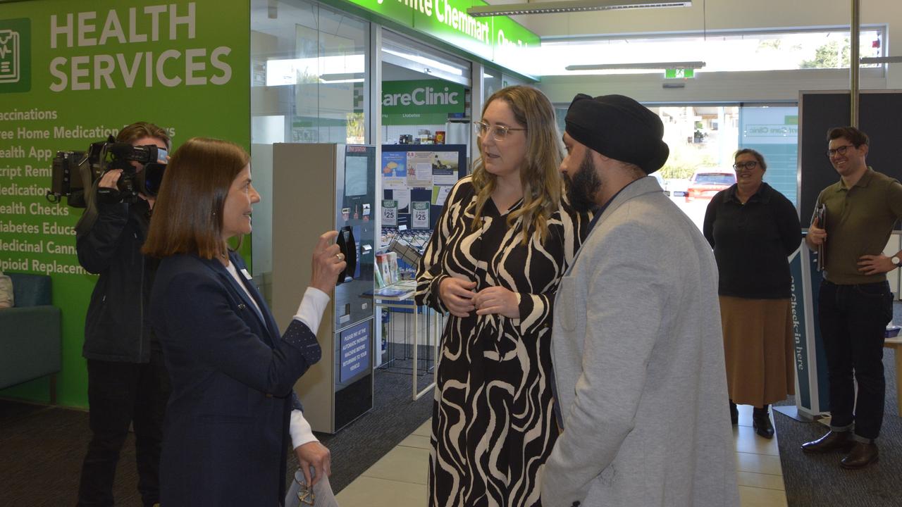 Mental Health and Suicide Prevention Assistant Minister Emma McBride (centre) speaking with Urgent Care Clinic Director Dr Ajit Bhalla and Darling Downs and West Moreton Public Health Network chief executive Lucille Chalmers.