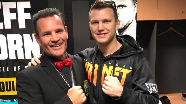 Six times world lightweight IBF boxing champion Philip Holiday, left, with welterweight WBO champion Jeff Horn. Picture: NoDeal Boxing Gym.