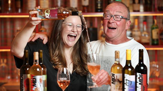 Mornington Peninsula winemaker Kevin McCarthy and daughter Celia raise a glass to their new-wave MDI Wine. Picture: David Caird