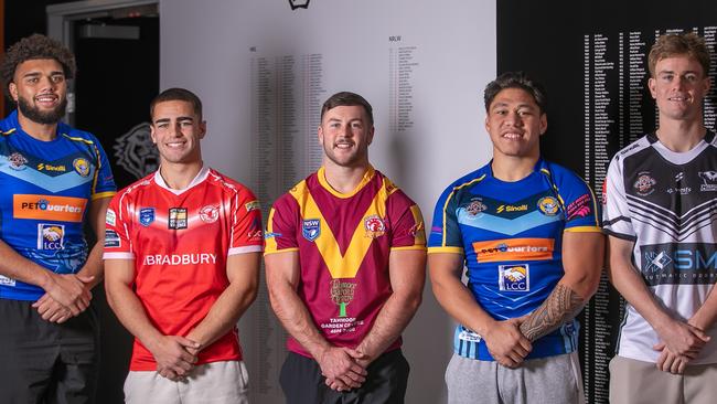 Wests Tigers’ southwest juniors ahead of Junior League Appreciation Round v Canberra Raiders at Campbelltown Stadium. (L-R) Jordan Miller (Liverpool Catholic Club), Tallyn Da Silva (East Campbelltown Eagles), Heath Mason (Thirlmere Roosters), Kit Laulilii (Liverpool Catholic Club) and Lachie Galvin (Eagle Vale St Andrews). Picture: Wests Tigers