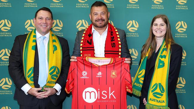 Football Australia CEO James Johnson, Preston Lions president David Cvetkovski and Football Australia head of competitions Natalie Lutz.