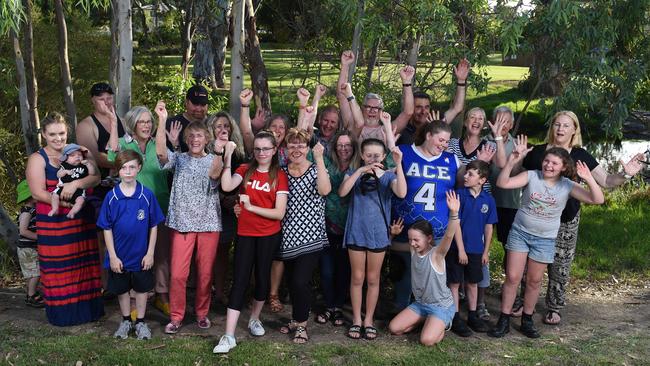 Gumeracha locals, including Phil Cornish, (former CFS captain) Brett Smyth, Ang Edwards, Hans Liedig (current captain of Gumeracha CFS) Libby Barber, Louise McDiarmid, Amy Jones with kids Mya Eglinton, 11, Lara Bogers, 18 months, Hannah Jones, 11, and Jayden Jones, 9, will get their siren back. Picture: Naomi Jellicoe