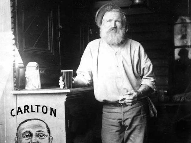 Poster advertising Carlton Ale, which was registered by the printer, Edgar Newlands, for artistic copyright in 1907. The photograph shows Sam Knott, a gold prospector and bush worker, drinking a Carlton Ale at the McVeigh Hotel near Warburton, Victoria. A Carlton Brewery 'traveller' or salesman may have taken the photograph.Picture: National Archives of Australia