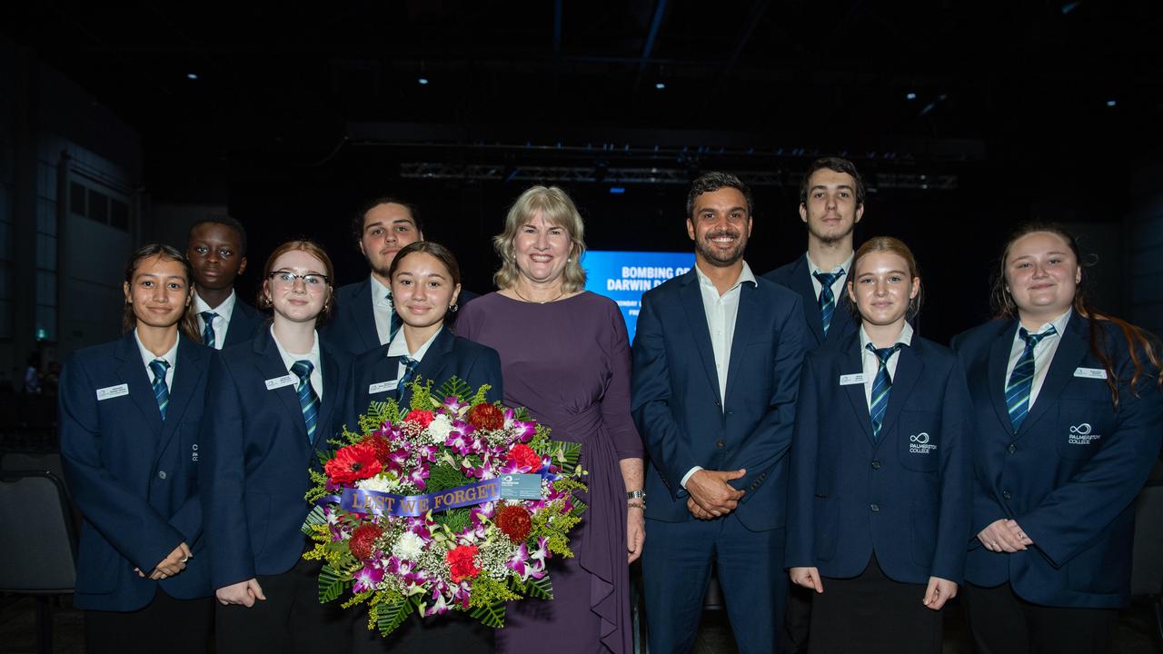 Chief Minister Eva Lawler with Palmerston College students as the Top End community gathered at the Darwin Convention Centre to commemorate the Bombing of Darwin. Picture: Pema Tamang Pakhrin