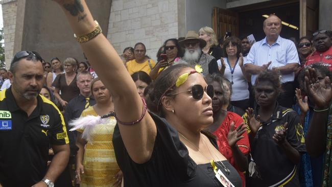 Jaunnita Costa joined Tiwi dancers as they farewelled former Arafura MLA Lawrence Costa. Picture: Sierra Haigh