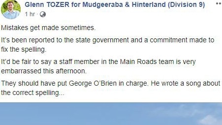 Glenn Tozer’s post about the misspelling of Mudgeeraba M1 sign.