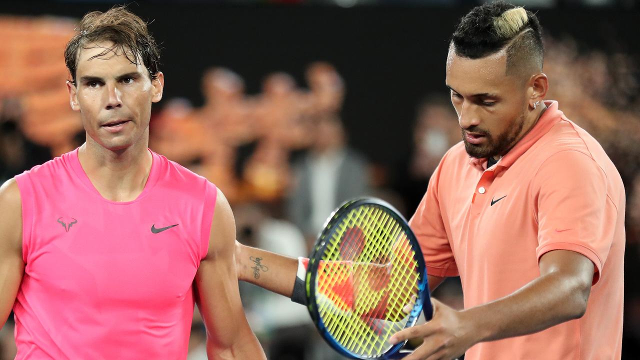 MELBOURNE, AUSTRALIA - JANUARY 27: Nick Kyrgios of Australia (R) shakes hands with Rafael Nadal of Spain at the net following their Men's Singles fourth round match on day eight of the 2020 Australian Open at Melbourne Park on January 27, 2020 in Melbourne, Australia. (Photo by Jonathan DiMaggio/Getty Images)