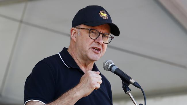 Anthony Albanese speaks to supporters during the Labor Day march in Brisbane on Monday. Picture: NCA NewsWire/Tertius Pickard