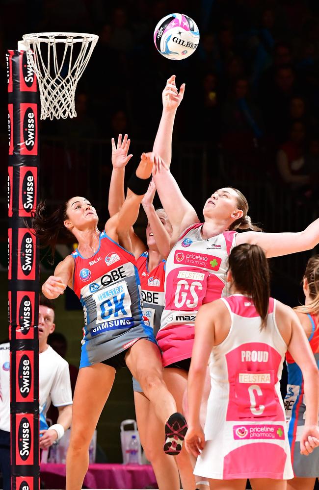 Sharni Layton v Kristina Brice in last year’s netball competition.