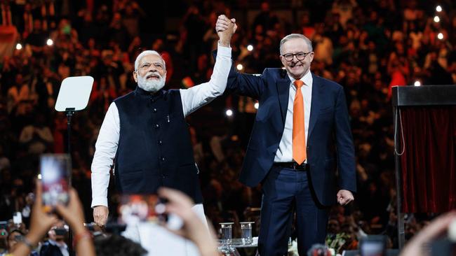 Australian Prime Minister Anthony Albanese introduces Modi to the adoring crowd. Picture: NCA NewsWire / David Swift