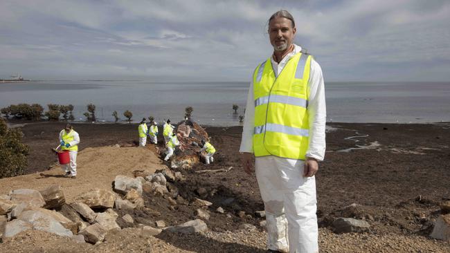 SA Museum collections manager David Stemmer leads a team of museum workers cutting up the whale carcass. Picture: Emma Brasier