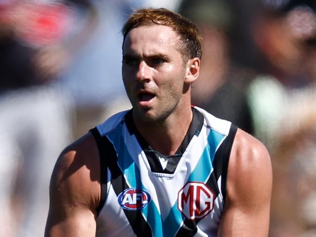 MELBOURNE, AUSTRALIA - MARCH 01: Jeremy Finlayson of the Power in action during the 2025 AFL AAMI Community Series match between the St Kilda Saints and the Port Adelaide Power at RSEA Park on March 1, 2025 in Melbourne, Australia. (Photo by Michael Willson/AFL Photos via Getty Images)