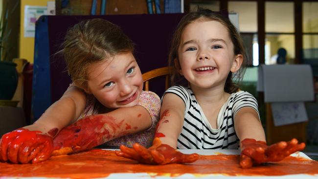 Tahlia Fisher, 4, and Ineke Baldrocco, 4, at community-run stand-alone East Brunswick Kindergarten. Picture: Josie Hayden