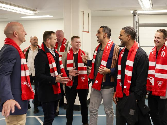 Adam Goodes in the Sydney rooms with his 2005 premiership teammates. Picture: Mark Evans/AFL Photos