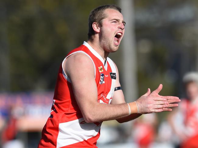 Leigh Poholke celebrates after a goal in the 2017 Nepean league grand final. Picture: Chris Eastman