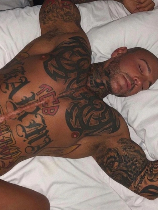 Former Mongols bikie gang boss turned Instagram influencer Toby Mitchell shows off his tattoos in a racy post. Picture: Supplied