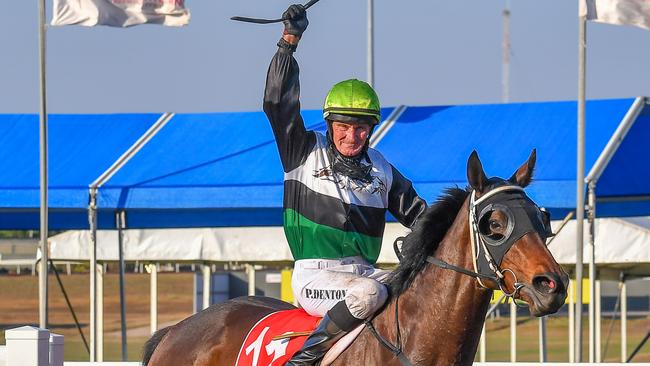 Jockey Paul Denton won the 2023 Darwin Derby with the Kerry Petrick trained Anphina. Picture: Caroline Camilleri