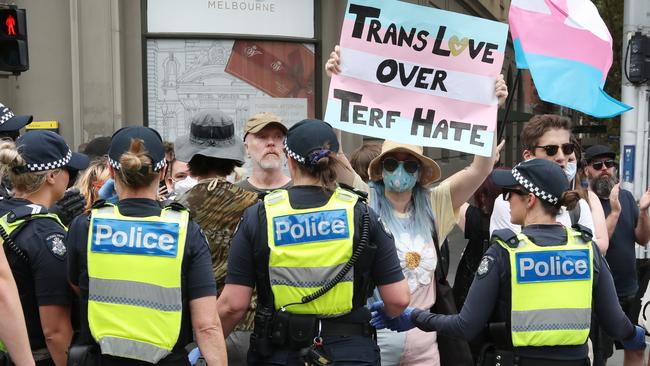 The ‘Let Women Speak’ event was met with protesters. Picture: NCA NewsWire / David Crosling