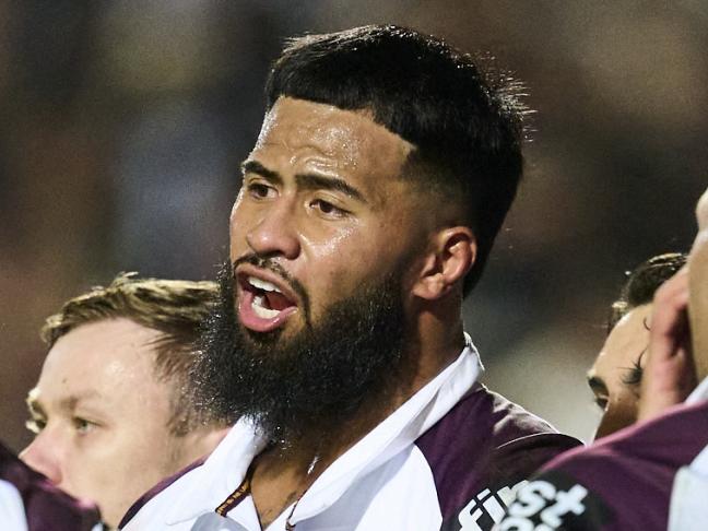 SYDNEY, AUSTRALIA - MAY 31: Payne Haas of the Broncos speaks to team mates during the round 13 NRL match between Manly Sea Eagles and Brisbane Broncos at 4 Pines Park, on May 31, 2025, in Sydney, Australia. (Photo by Brett Hemmings/Getty Images)
