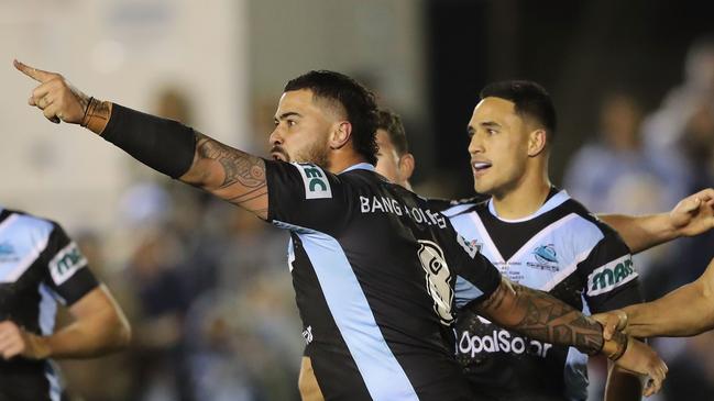 Andrew Fifita launches his controversial tirade after scoring. Picture: Getty Images