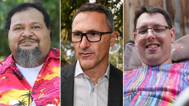 Greens leader Richard di Natale, centre, is standing by two of his candidates, George Hanna, left, and James Dessi, right, who made racist jokes on social media despite condemning other parties over hate speech.