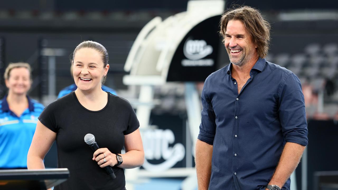 Retired tennis players Ash Barty and Pat Rafter launched the 2024 Brisbane International tennis tournament in Brisbane on Friday. Picture: NCA NewsWire / Tertius Pickard