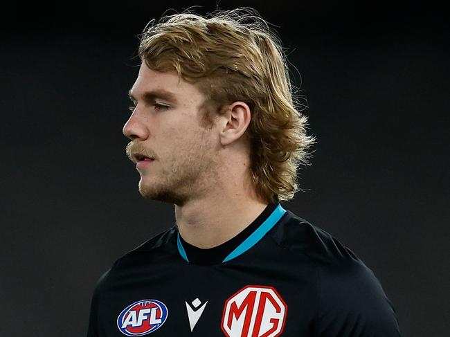 MELBOURNE, AUSTRALIA - JULY 26: Jason Horne-Francis of the Power warms up during the 2024 AFL Round 20 match between the Carlton Blues and the Port Adelaide Power at Marvel Stadium on July 26, 2024 in Melbourne, Australia. (Photo by Michael Willson/AFL Photos via Getty Images)