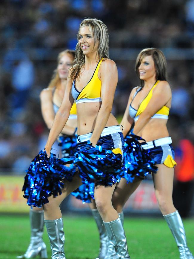 North QLD Cowboys V West Tigers at Dairy Farmers Stadium. Hot Squad cheerleaders at the game.