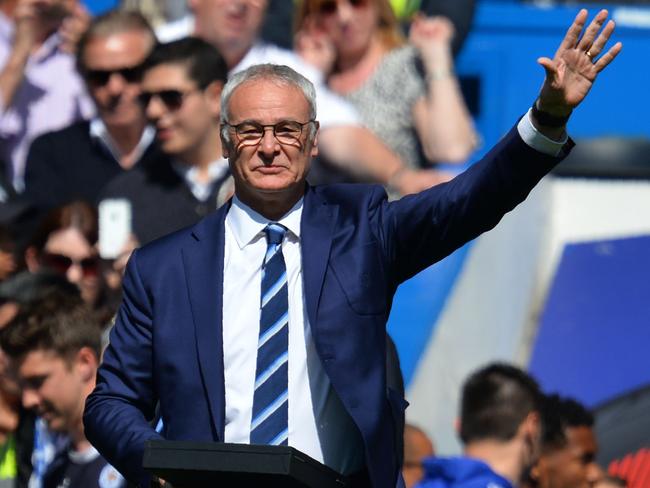 (FILES) This file photo taken on May 15, 2016 shows Leicester City's Italian manager Claudio Ranieri waving to fans before the English Premier League football match between Chelsea and Leicester City at Stamford Bridge in London on May 15, 2016. Claudio Ranieri has been sacked as manager of Leicester City just months after leading the club to a remarkable Premier League title triumph, the Midlands side announced on February 23, 2017. / AFP PHOTO / GLYN KIRK / RESTRICTED TO EDITORIAL USE. No use with unauthorized audio, video, data, fixture lists, club/league logos or 'live' services. Online in-match use limited to 75 images, no video emulation. No use in betting, games or single club/league/player publications. /