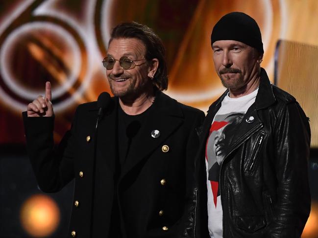 Bono and The Edge from U2 stand on stage during the 60th Annual GRAMMY Awards at Madison Square Garden on January 28, 2018 in New York City. Picture: AFP
