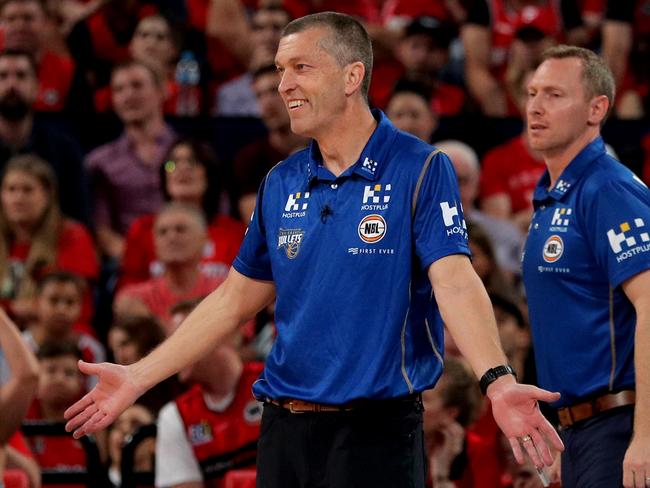 Head Coach of the Brisbane Bullets, Andrej Lemanis (left) reacts during the NBL semi-final match between the Perth Wildcats and the Brisbane Bullets. Picture: AAP Image/Richard Wainwright