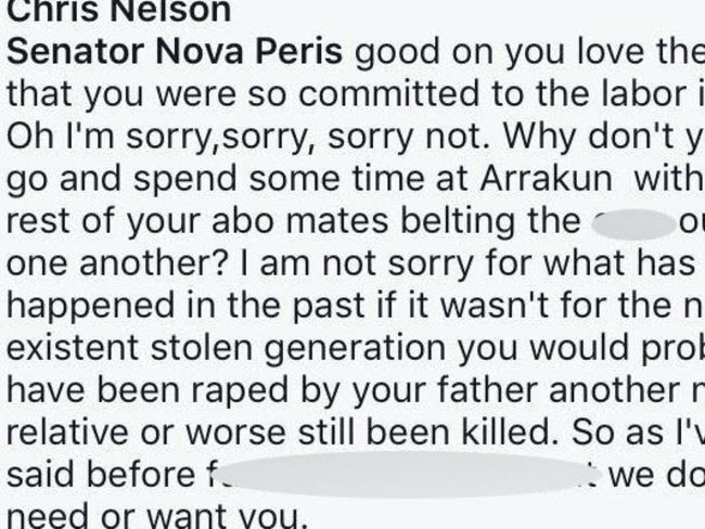 Nova Peris posted the messages on her own Facebook page.