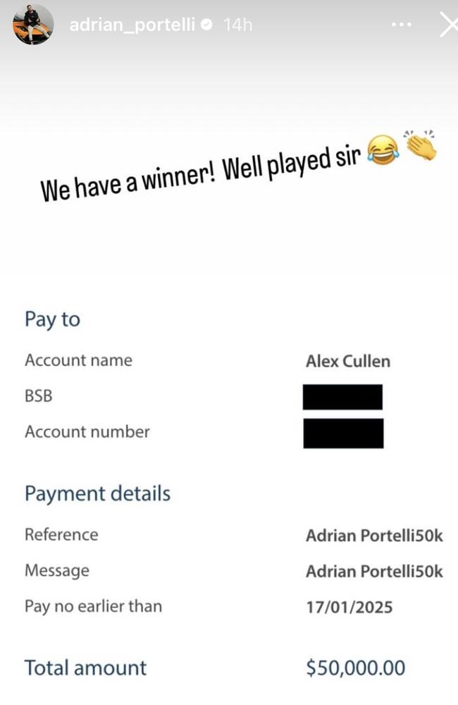 Portelli shared a screenshot of a $50,000 he sent to Cullen after the stunt. Picture: Supplied/Instagram