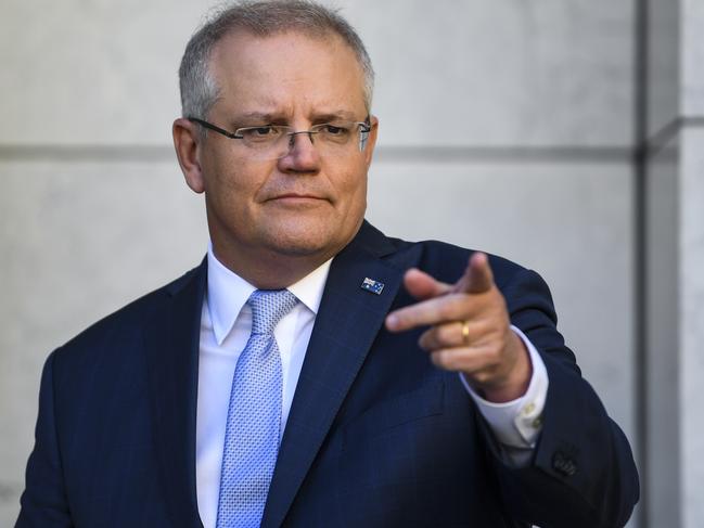 Australian Prime Minister Scott Morrison speaks to the media during a press conference at Parliament House in Canberra, Thursday, May 14, 2020. (AAP Image/Lukas Coch) NO ARCHIVING
