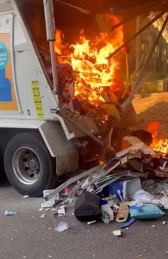 A lithium battery incorrectly disposed of caused this garbage truck blaze in Bondi. Picture: Supplied