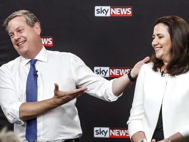 Tim Nicholls (LNP) and Annastacia Palaszczuk (ALP) pictured during the Sky News, Courier Mail leaders forum at the Broncos Leagues Club with Annastacia Palaszczuk (ALP), Tim Nicholls (LNP) and Steve Dickson (One Nation) ahead of the 2017 Queensland State Election.   (AAP Image/Josh Woning)