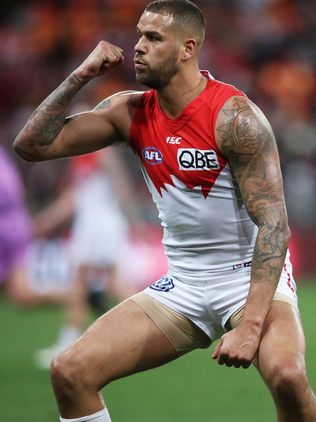 Sydney's Lance Franklin rides home a goal against the GWS Giants at Spotless Stadium. Picture. Phil Hillyard