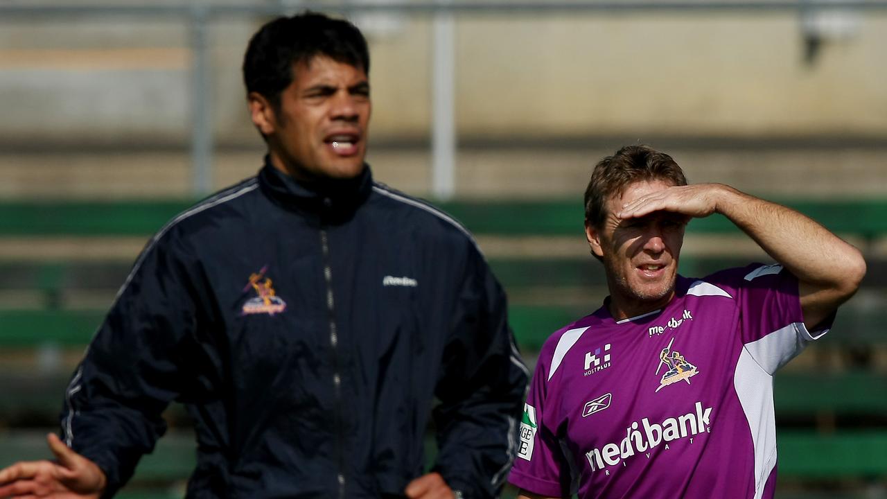 Stephen Kearney with Craig Bellamy at a Storm training session in 2008.