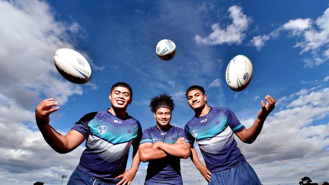 The Grange College punched the number one ticket to the NRL Schoolboys Cup after qualifying in the Victorian competition. L-R : Muao Kaisala, Richard Junior Gabriel and Ethan Barlow-Sua. Picture : Nicki Connolly