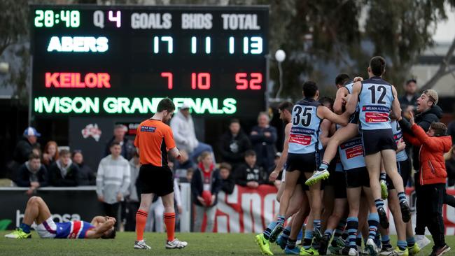 Aberfeldie players celebrate on the final siren at Windy Hill. Picture: Mark Dadswell