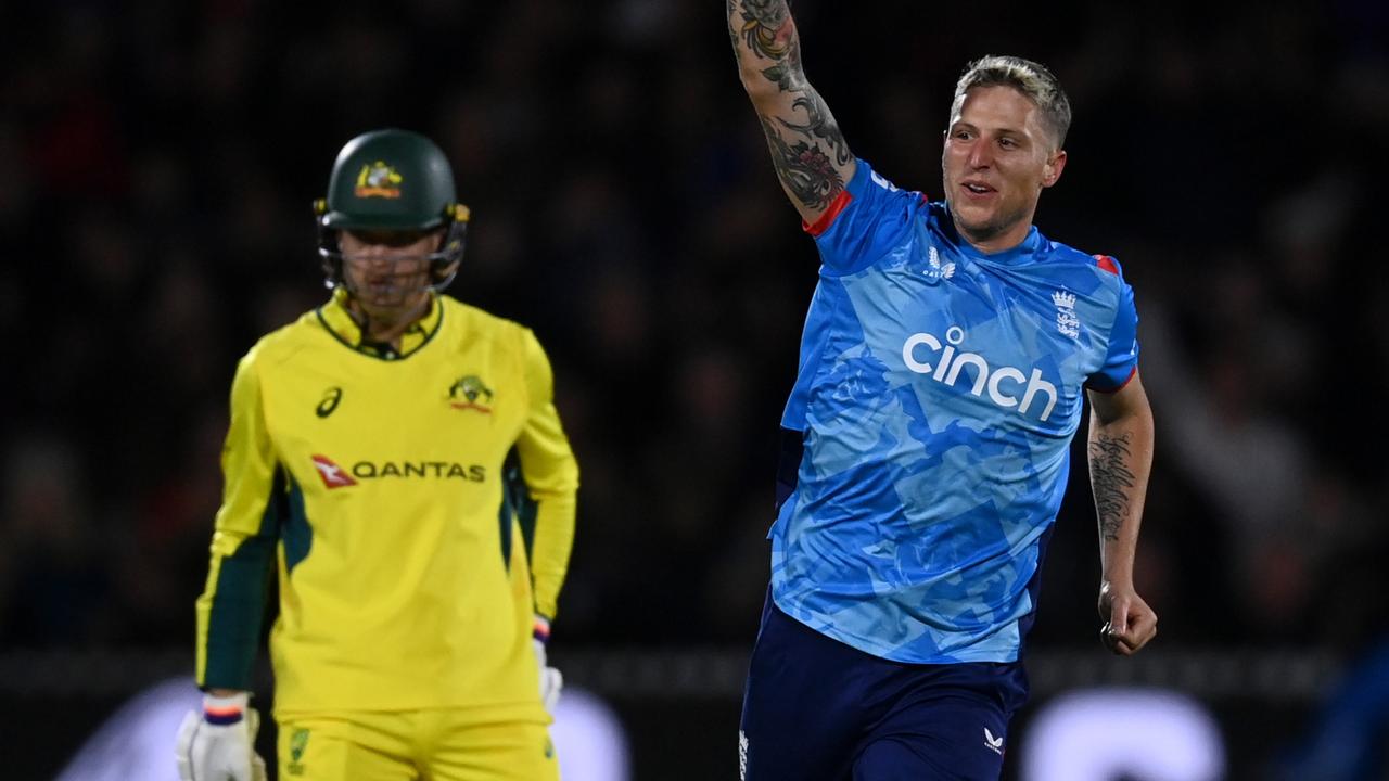 Brydon Carse from England celebrates the dismissal of Marnus Labuschagne. Photo by Gareth Copley/Getty Images