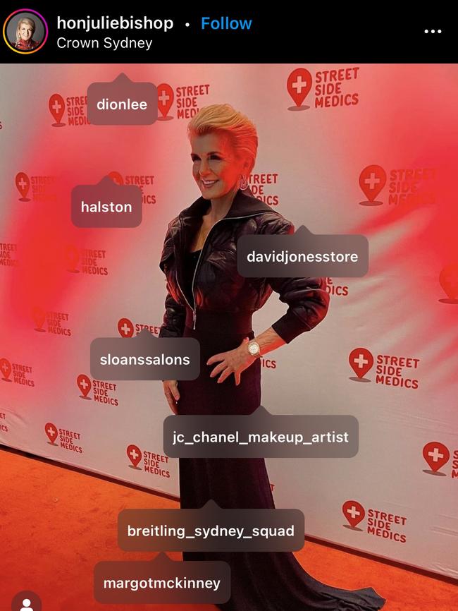 Julie Bishop – the influencer – steps out at Crown Sydney for an event. Picture: Instagram