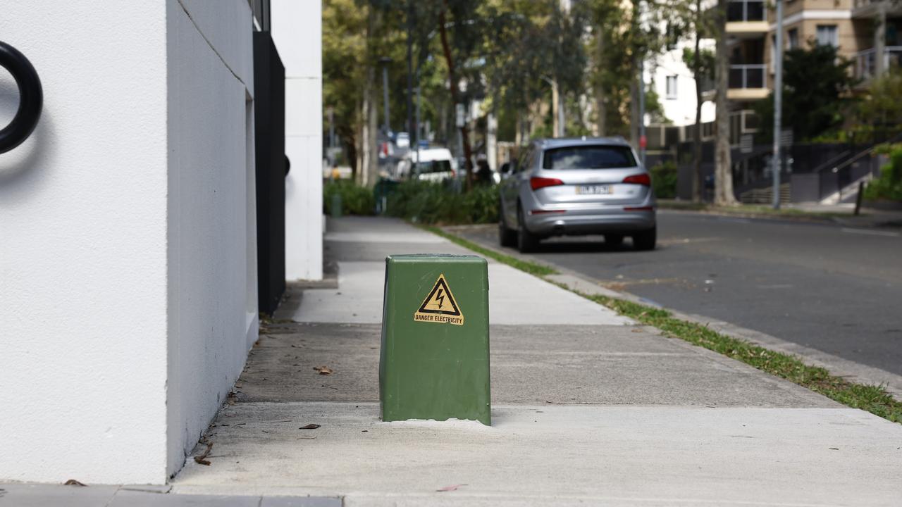 One of the electrical boxes that is positioned almost in the middle of Bonar St in Wolli Creek. Picture: Richard Dobson