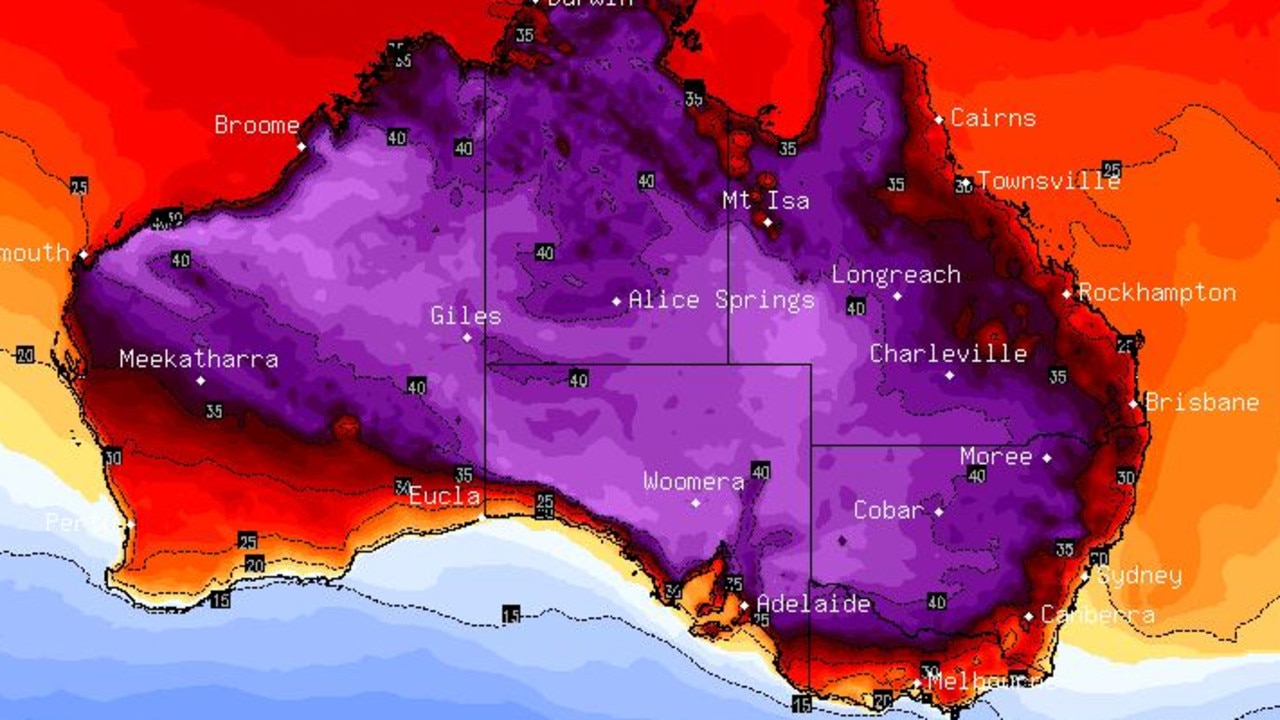 Next Tuesday, temperatures are set to soar once again on the east coast as a band of desert air (in purple above) bears down. Picture: BSCH.