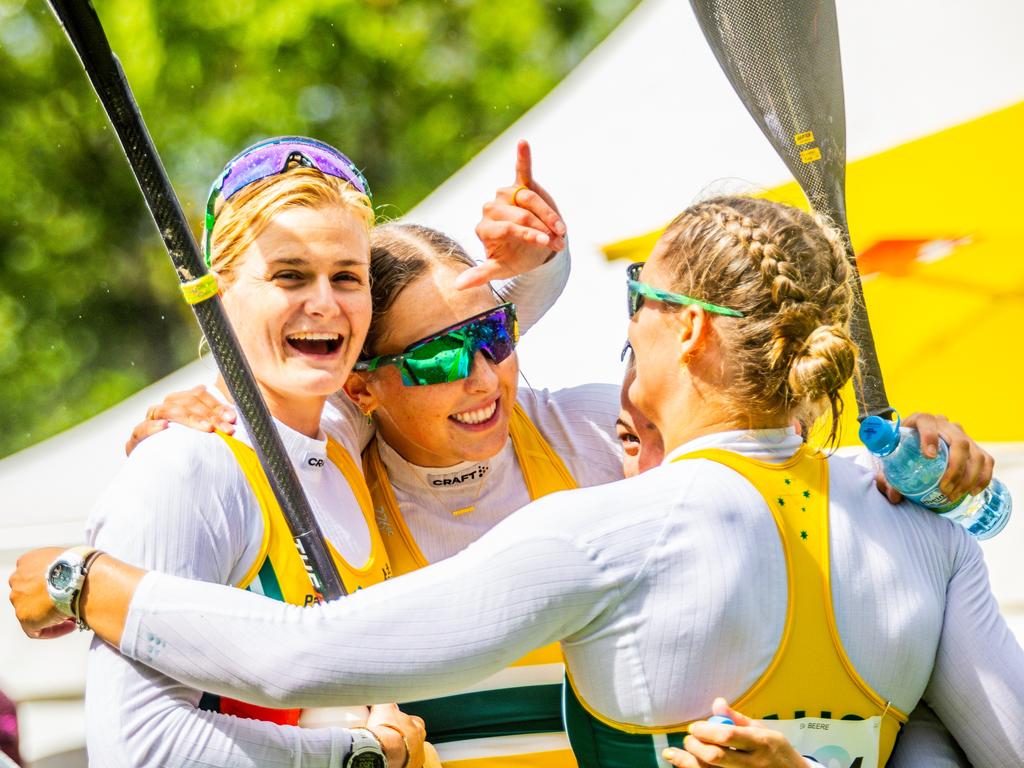 Aly Bull and teammates celebrate securing a K4 quota spot for the Paris Olympics. Picture: Bence Vekassy