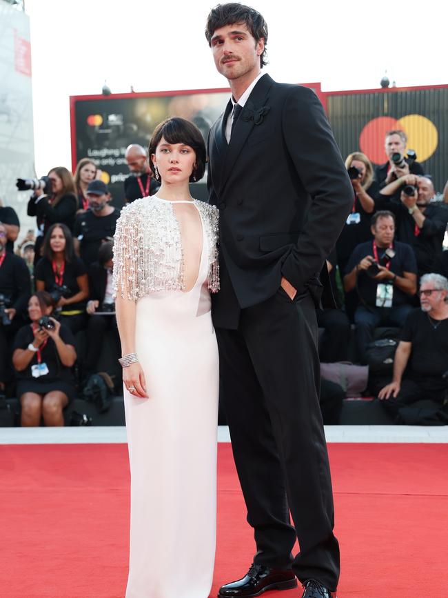 Cailee Spaeny, wearing Miu Miu and Bulgari jewellery, with Priscilla co-star Jacob Elordi. Picture: Getty Images