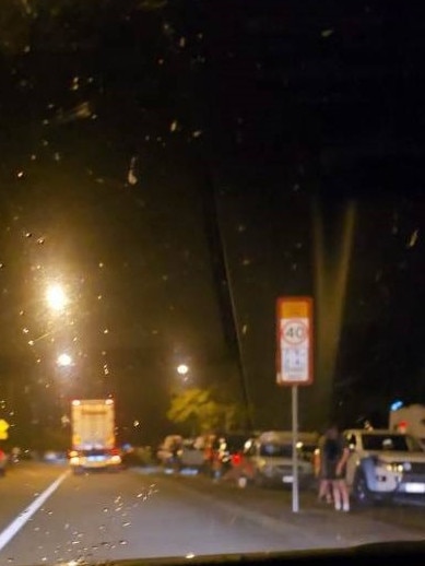 Long lines of traffic held in Cardwell on Sunday night after a major crash closed the Bruce Highway. Picture: Callum Coleman