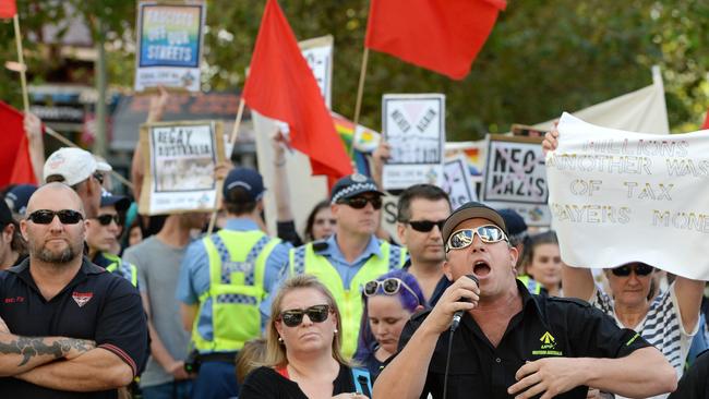 A Perth rally to defend the anti-bullying program Safe Schools Coalition was a target of the United Patriots Front, which holds anti-women, anti-Jew and pro-Nazi views, and far-right fringe group Reclaim Australia. Possibly more appropriate targets for the gay community than one of its own. (Pic: Dennis Huts)