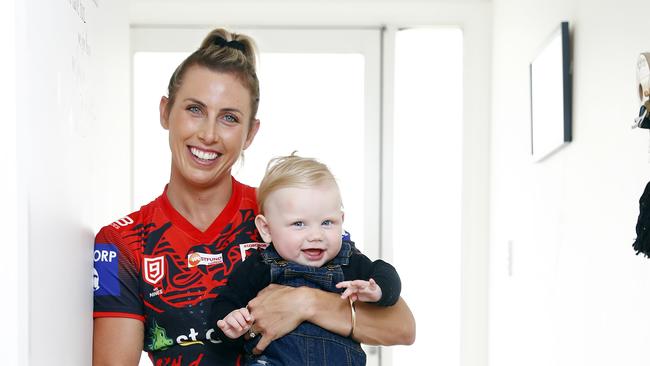 League star Sam Bremner with her son Reef. Picture: Sam Ruttyn